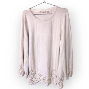 Soft Surroundings Womens Top Sz XL Tan Lace Long Sleeve Stretch Shirt Comfy Boho